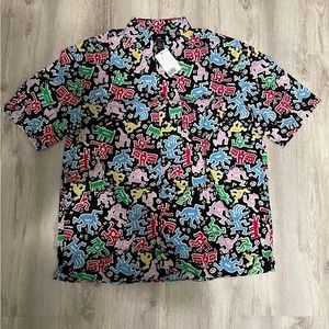 Keith Haring H&M Black All Over Print Short Sleeve Button Shirt Mens Large